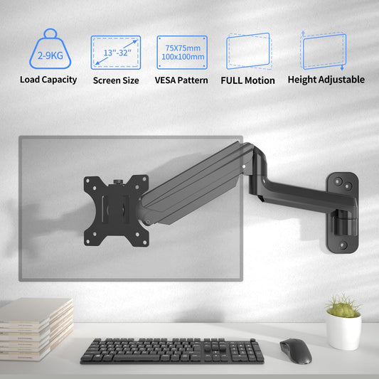suptek monitor wall mount for 13-32 inch LED/LCD/TV screen up to 9 kg, with fully adjustable gas spring, height adjustable, tilt, swivel, and rotate, VESA 75/100.