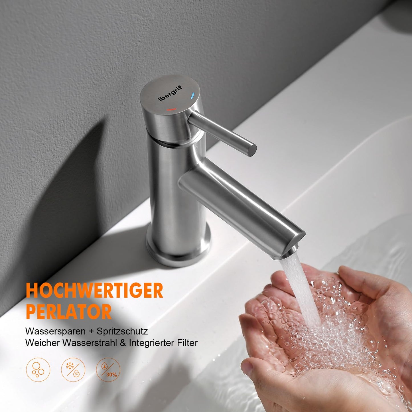 Ibergrif bathroom faucet, stainless steel single lever mixer tap for hot and cold water, drip-free and water-saving, 98mm spout height, grey bathroom fixture M11103.