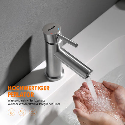 Ibergrif bathroom faucet, stainless steel single lever mixer tap for hot and cold water, drip-free and water-saving, 98mm spout height, grey bathroom fixture M11103.