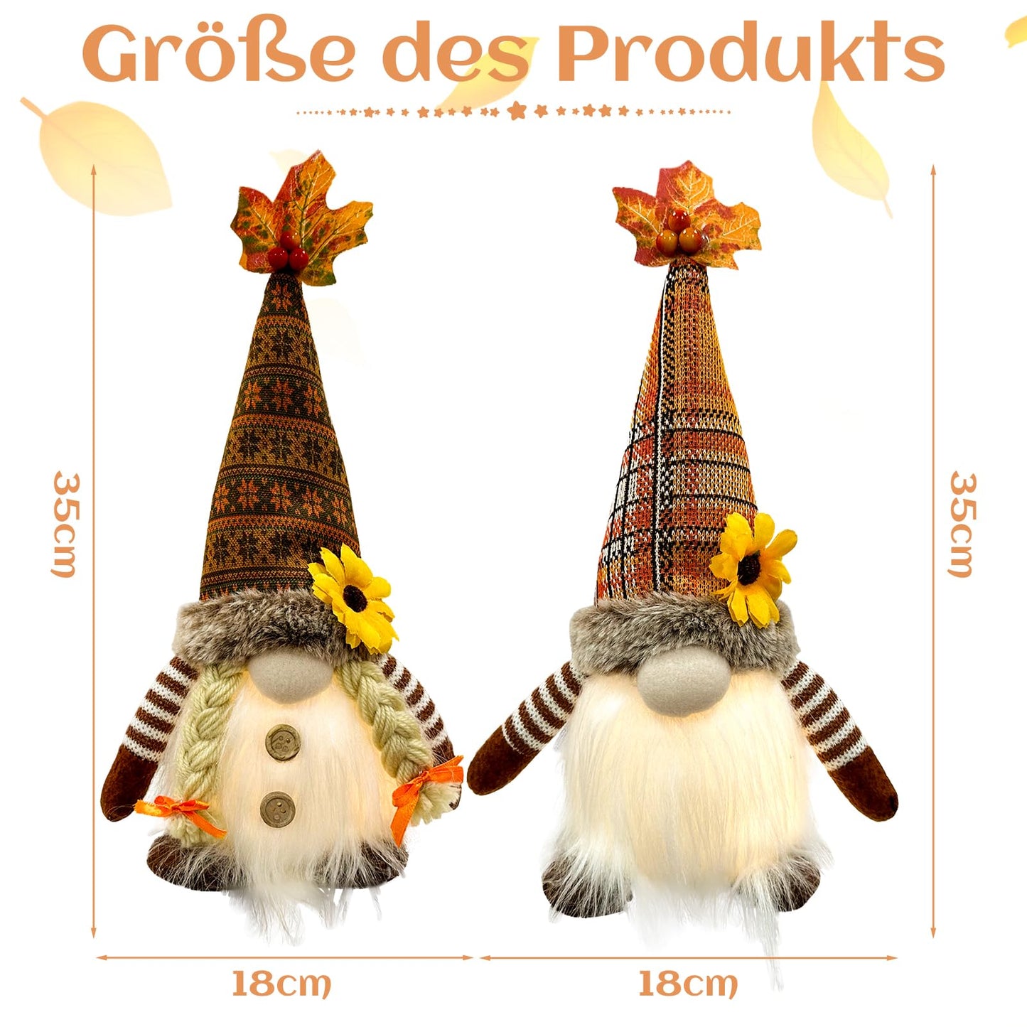 ACAREY Autumn Decor Gnomes with Light 2-Pack Large 35cm Plush Gnome Figures Halloween Decor with LED Christmas Decor Fall Harvest Illuminated Gnomes