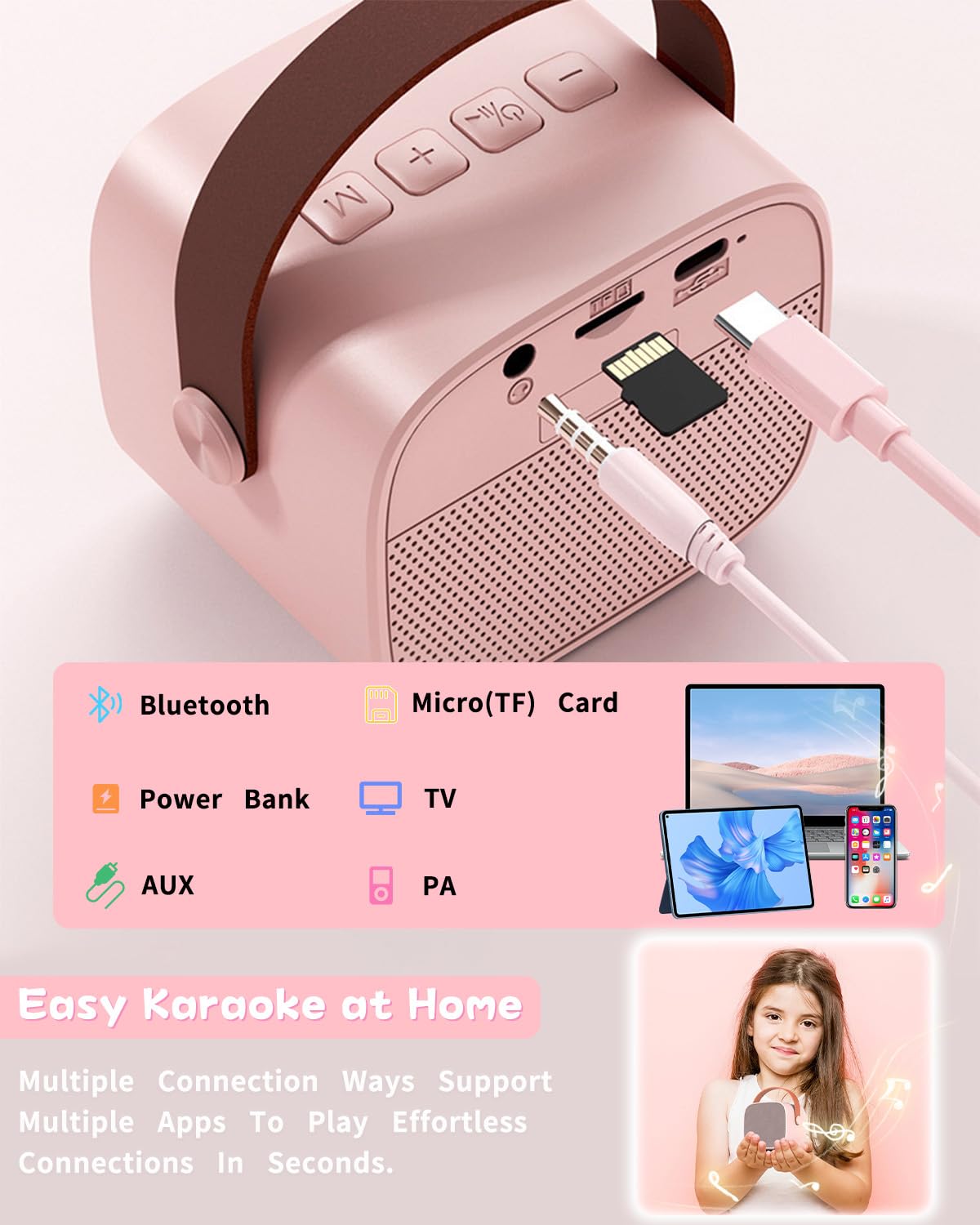 Karaoke machine with 2 wireless microphones, portable Bluetooth karaoke machine for kids adults with voice changing effects LED lights boys girls gifts home party (pink)