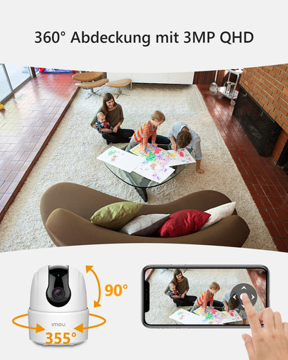 Imou 2K indoor surveillance camera with 360° coverage, AI person detection, automatic tracking, night vision, two-way audio, siren, works with Alexa.
