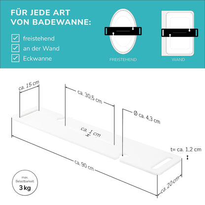 eluno bathtub tray with drink holder and tablet slot made of acrylic, approx. 90 cm (white/high-gloss)
