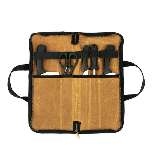 Durable waxed canvas, multi-purpose knife roll with 5 compartments, sturdy handle, and elastic retention strap (Khaki)