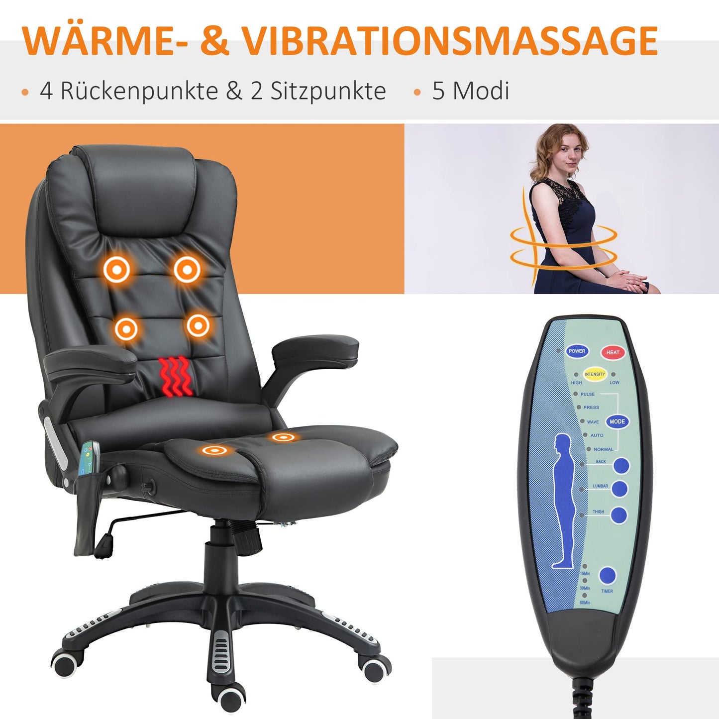 HOMCOM Massage Chair Office Chair Executive Gaming Chair 6 Point Vibration Massage with Heat Function Faux Leather Swivel Leather Chair Black 70 x 70 x 111 - 121cm