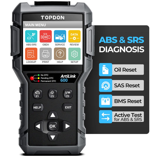 TOPDON OBD2 diagnostic tool with oil reset, BMS, SAS, car diagnostic tool for all vehicles for ABS and SRS system diagnosis, active test, lifetime free updates. Runs on batteries, black.