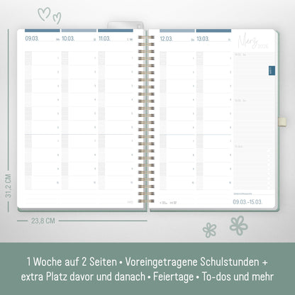 Häfft® Teacher Planner 2025/2026 A4 + Deluxe "Green Canvas" Hardcover Teacher Planner, large school year planner with spiral binding, school planner - sustainable & environmentally friendly.