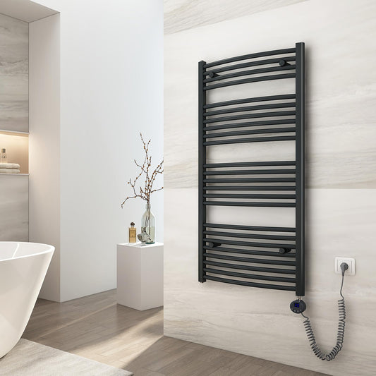 EMKE Electric Towel Warmer 120x60 cm, Curved Electric Bath Heater with Thermostat, Towel Dryer Towel Warmer with Timer Anthracite 600 Watt