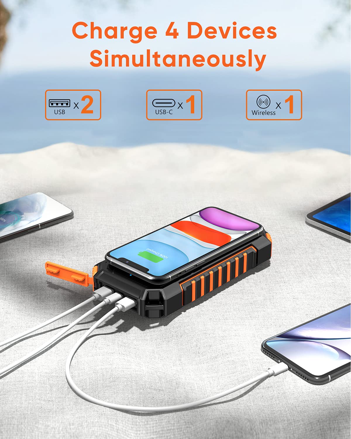Hiluckey Wireless Solar Power Bank 26800mAh is a waterproof solar charger with USB C port and 4 outputs. It is perfect for charging smartphones, tablets, and more.