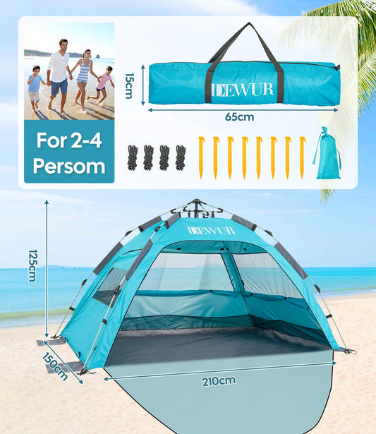 Dewur Beach Tent 2-4 People Pop Up Beach Shelter UPF 50+ UV Sun Protection Waterproof for Family Beach Camping Garden, Blue