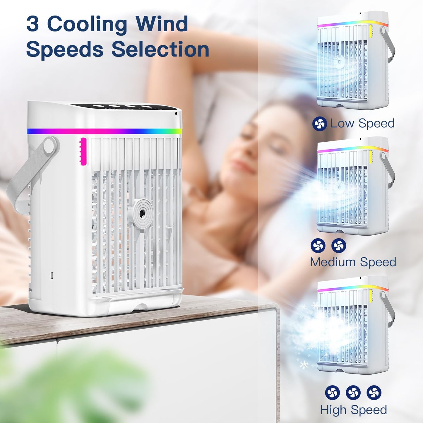 Mobile air conditioner, 4 in 1 portable air cooler with cooling mist, mobile air conditioning unit without exhaust hose, mini air cooler with 3 levels & 7 colors night light, portable air conditioner for home/office.
