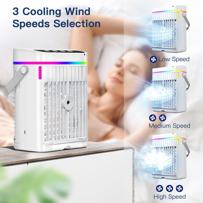 Mobile air conditioner, 4 in 1 portable air cooler with cooling mist, mobile air conditioning unit without exhaust hose, mini air cooler with 3 levels & 7 colors night light, portable air conditioner for home/office.