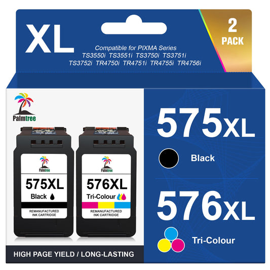 Palmtree PG-575XL CL-576XL printer cartridges are compatible with Canon 575 576 for Canon PIXMA TS3550i TS3551i TS3750i TS3751i TS3752i TR4750i TR4751i TR4755i TR4756i (1 black, 1 color)