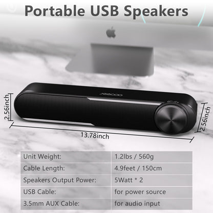 Jeecoo A30 PC speakers, computer speakers for PC, USB powered PC soundbar in black. Speakers for PC, laptop, monitor, iPad, tablets, smartphone (USB+3.5mm)