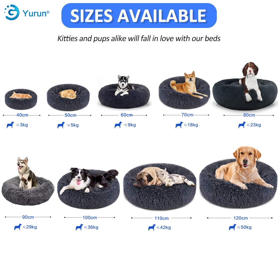 Yurun Pet Bed Donut, Pet Bed for Cats and Dogs Round Plush Dog Bed Cat Bed in Doughnut Shape Washable, Self-Warming and Cozy for Medium-sized Dogs - Dark Gray 100x100x20cm
