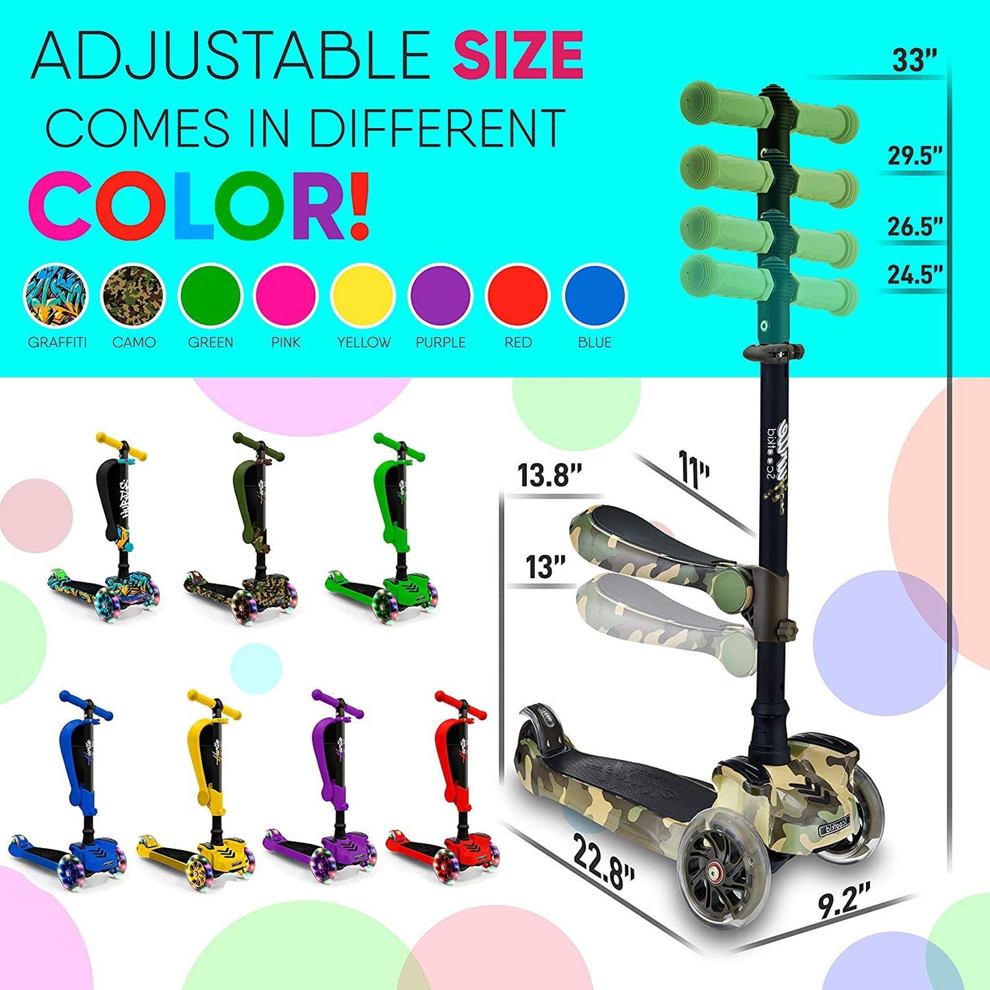 3-wheel scooter for kids - standing and cruising children's toy scooter with adjustable height, non-slip platform, flashing wheel lights, for boys/girls aged 2-12 years - Hurtle