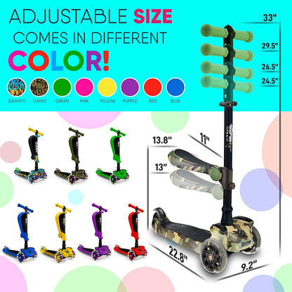 3-wheel scooter for kids - standing and cruising children's toy scooter with adjustable height, non-slip platform, flashing wheel lights, for boys/girls aged 2-12 years - Hurtle