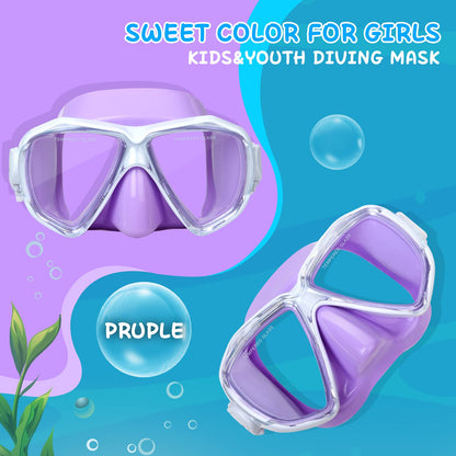 Children Diving Mask, 180° Anti-Fog Kids Swim Mask Tempered Glass Swimming Goggles with Nose Guard Anti-Leak Diving Mask for 4-15 Boys Girls Youth (Purple)
