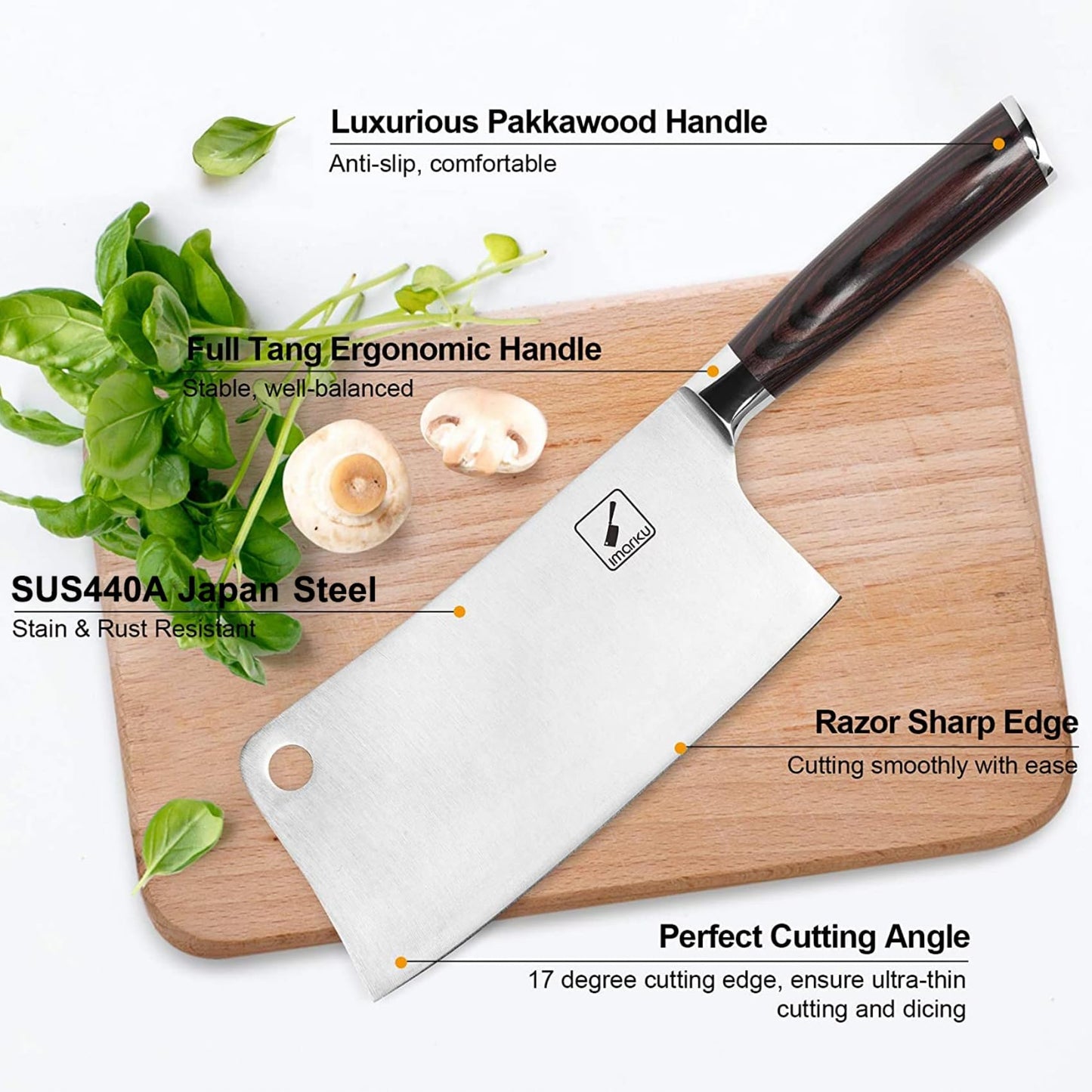 imarku 7" Cleaver Knife, with a 7-inch blade length. Sharp Chinese chef's knife made of high-quality stainless steel. Ideal for chopping bones with an ergonomic Pakkawood handle.