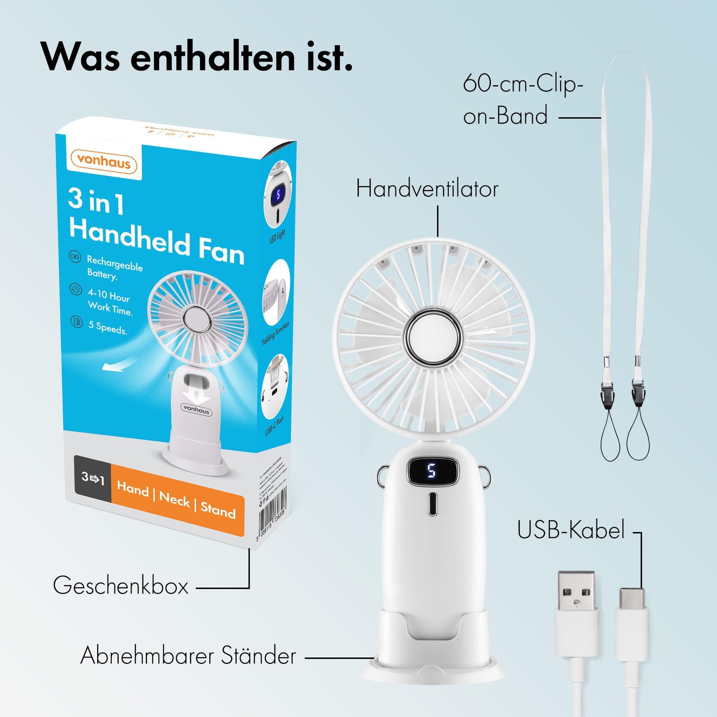VonHaus handheld fan - lightweight, portable, small USB fan with 5 speeds - folds up 90°, with 60cm strap and phone holder - mini fan for desk, home, office (white)