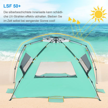 WolfWise beach tent with UV protection 50+, 4-5 people beach shelter with Quick-Up system, sun protection windbreak with expandable floor, automatic sun tent for family camping garden beach mint green.