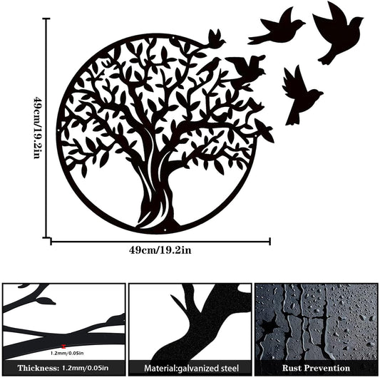 Luccyle metal wall art, Metal Tree of Life wall decoration silhouette, family tree with birds on branch, home decor for bedroom, living room, kitchen (Black, 49x49cm)