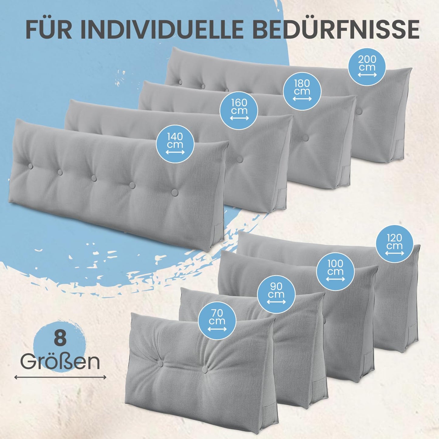 ELONEO back cushion 160 cm wide, wedge pillow suitable for bed and sofa, triangular reading pillow, pillow with removable and washable cover, with convenient side pocket.