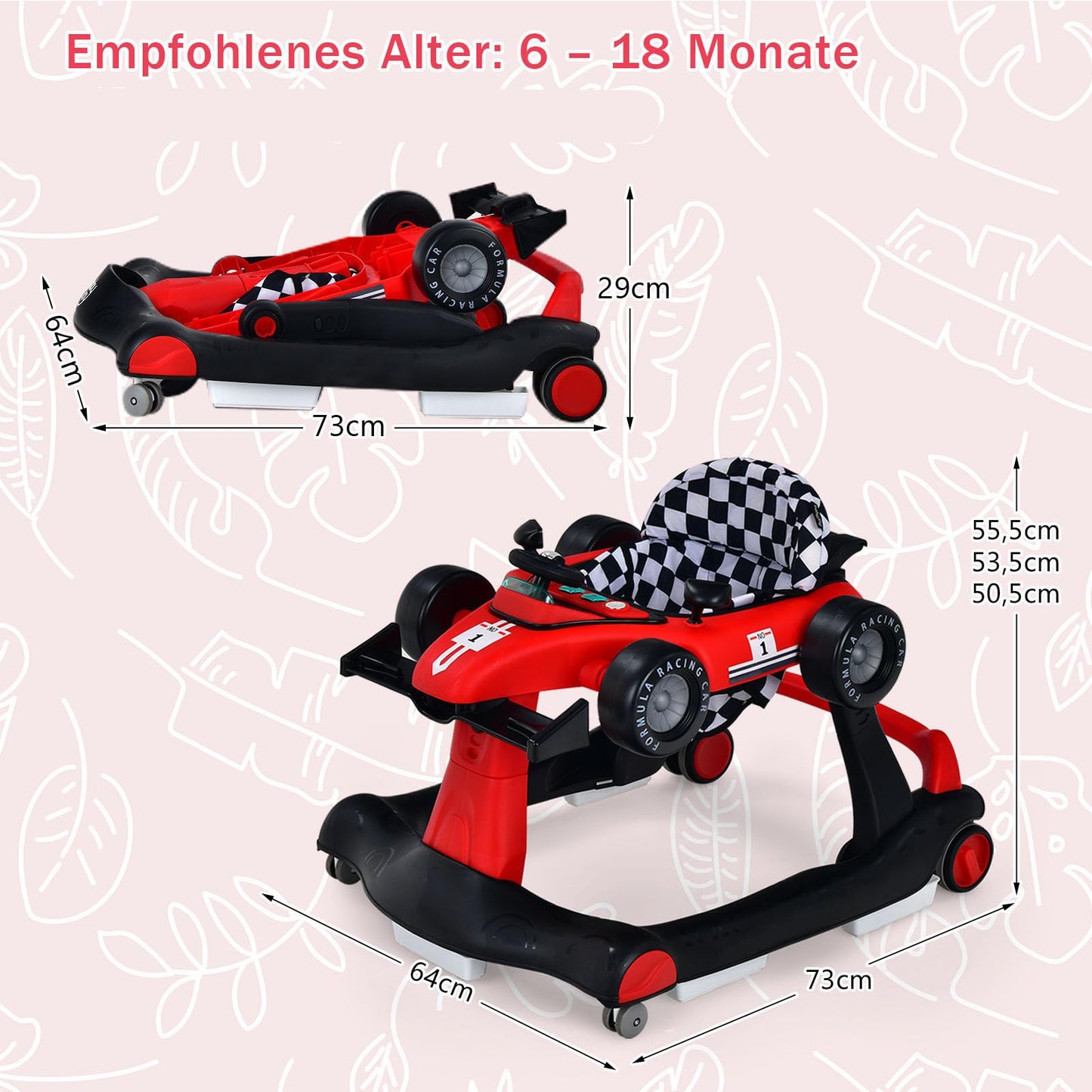 COSTWAY 4 in 1 baby walker, foldable with adjustable height & speed, car-shaped with music box, lights & wheels, baby walker for up to 6 months old babies, can support up to 12kg (Red)