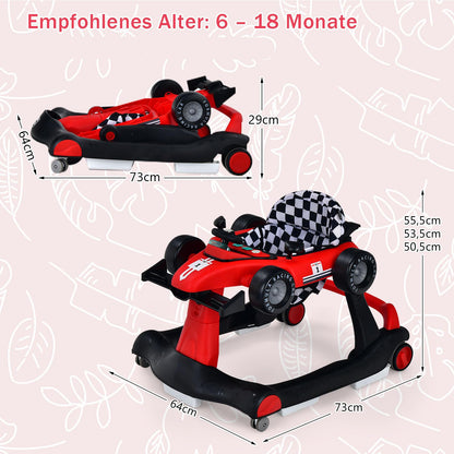 COSTWAY 4 in 1 baby walker, foldable with adjustable height & speed, car-shaped with music box, lights & wheels, baby walker for up to 6 months old babies, can support up to 12kg (Red)