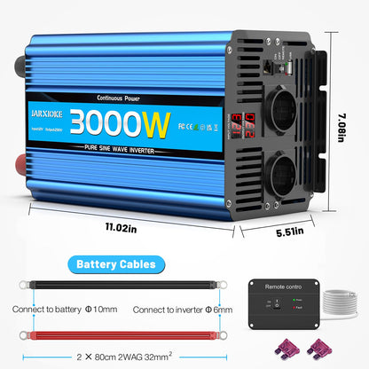 12V to 230V inverter 3000W/6000W Pure Sine Wave Power Converter with remote control, LED display, EU AC outlets, USB port. Perfect for car, camper, boat, camping, power outage.