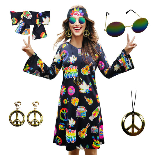 MRYUWB Women's Hippie Dress, 1970s Costume, with necklace, earrings, sunglasses, disco outfit, 1960s party costume, Halloween retro dress (Black, L)