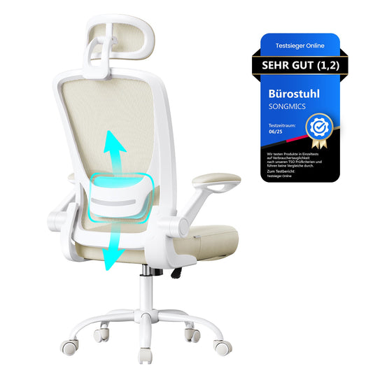 SONGMICS ergonomic office chair with mesh, lumbar and headrest, rocking function, 53 cm wide seat, foldable armrests, for office and bedroom, students, cappuccino beige OBN047K01.