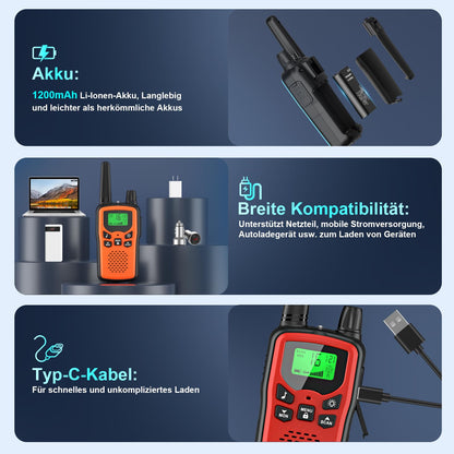Walkie Talkie 3 piece set for kids, rechargeable, Rabigala walkie talkies with 5km long range for adults, Li-ion battery, VOX hands-free function, LED flashlight, LCD