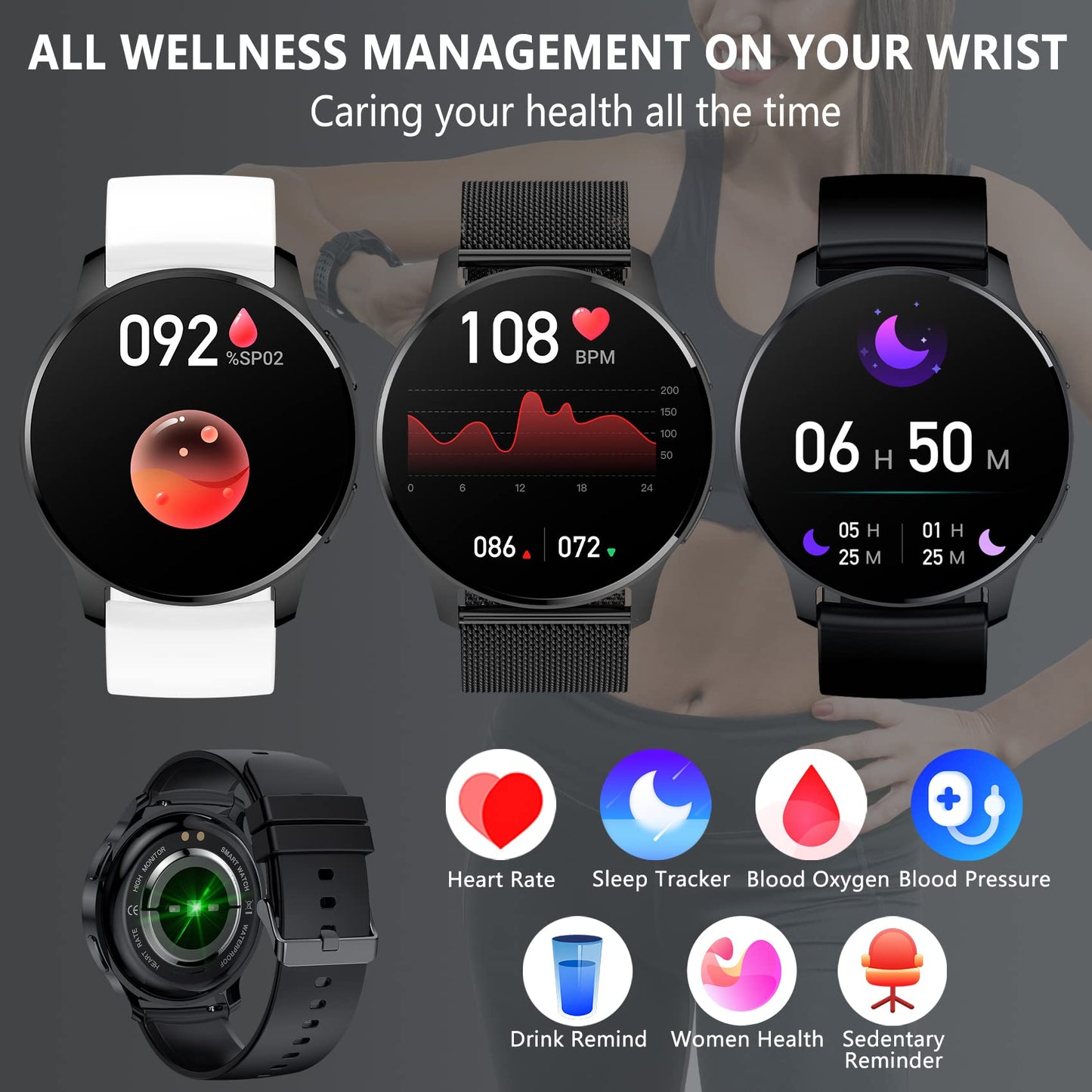 Erkwei Smartwatch for Women with Phone Function 1.32" HD Touch Screen Pedometer Women's Watch Personalized Display Heart Rate SpO2 Sleep Monitor, Fitness Tracker for iOS and Android
