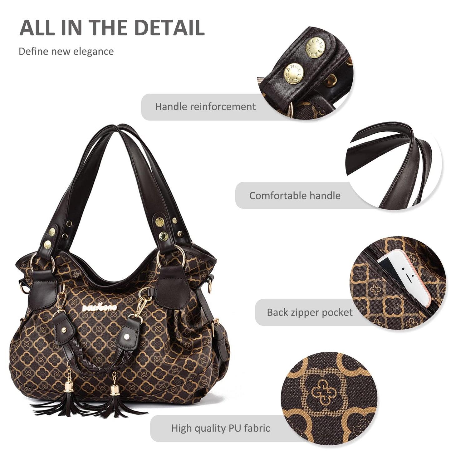NICOLE & DORIS Women's Handbag Retro Shoulder Bag Soft PU Leather Retro Shopper Bag Hobo Tote Large Crossbody Bag Printed Tote Bag for Everyday, School, Travel Black Flower