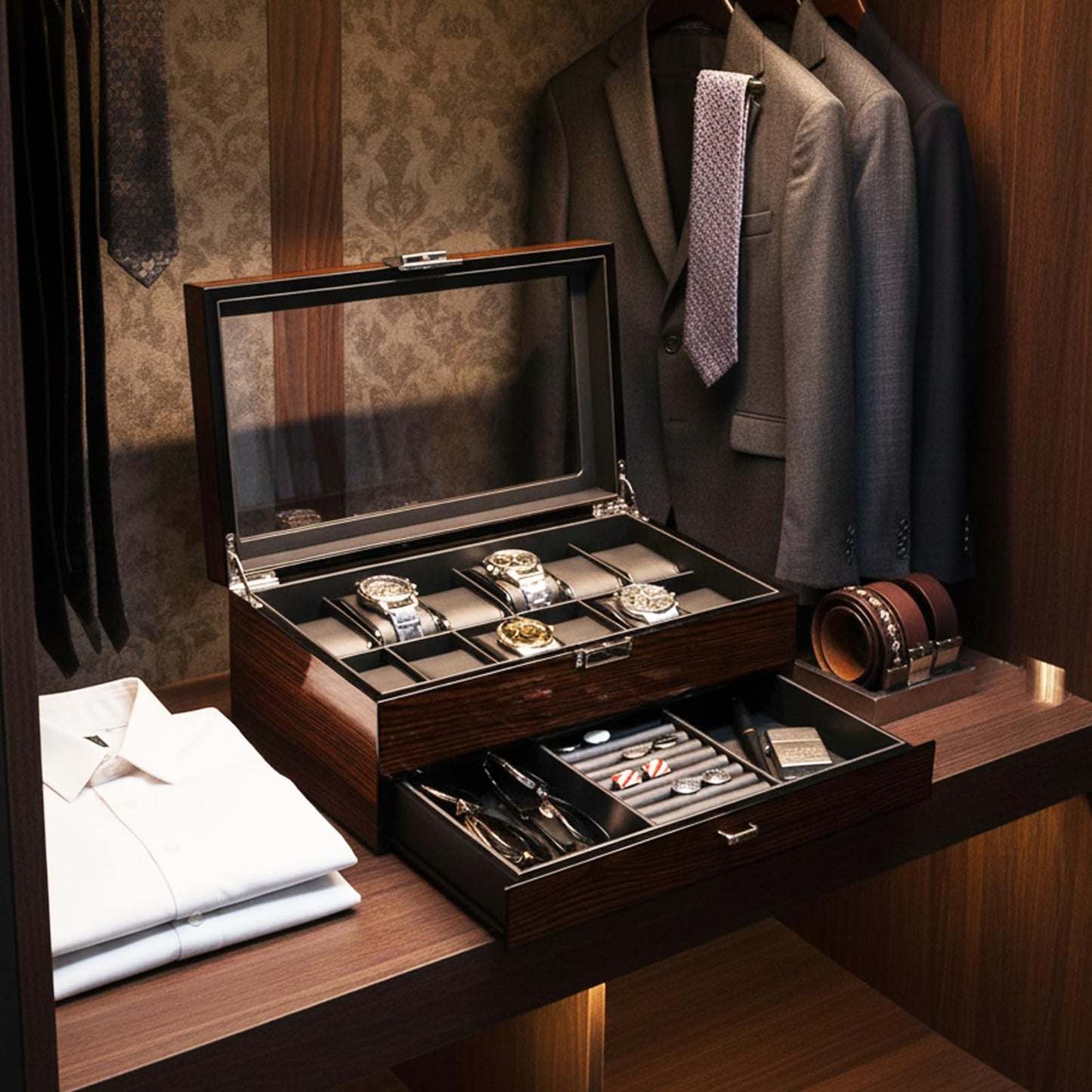 BEWISHOME 12 Watch Box with Tray Drawer, Luxury Men's Watch Case, Watch Storage with Genuine Glass Lid, Metal Hinge, Watch Storage Box, Watch Box, Brown, ESSH02Y