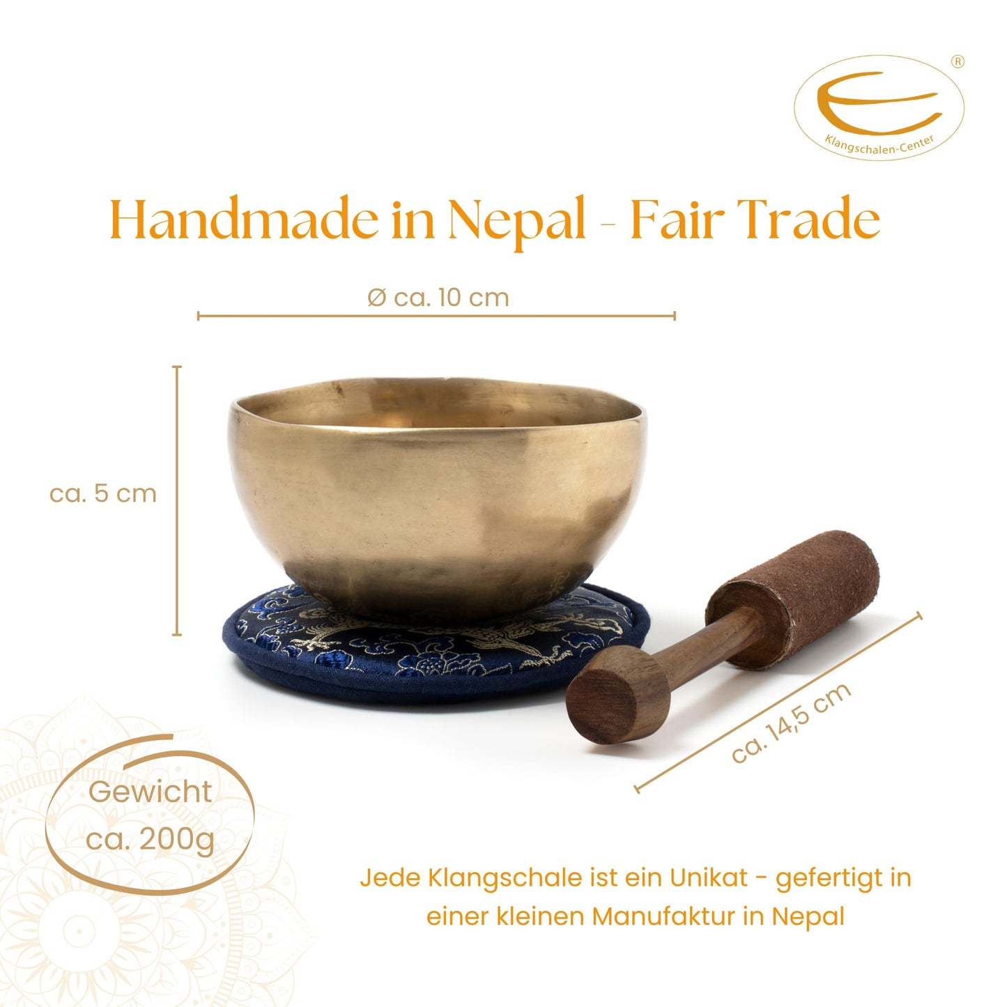 Tibetan singing bowl approx. 200 g for meditation, yoga, mindfulness, elementary school, kindergarten. Includes striker/cushion. Hand-forged, Fair Trade from Nepal.