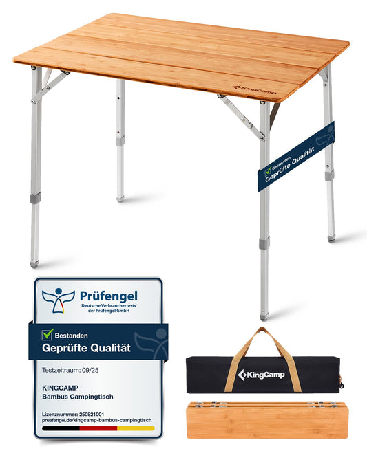 KingCamp camping table bamboo folding table adjustable height for 4-6 people foldable camping table, 4 folds with carrying bag, supports up to 80 kg, 100 x 65 cm, L