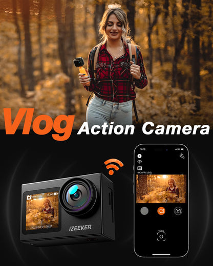 iZEEKER Action Cam 4K 24MP, Waterproof Underwater Camera 40M with EIS, Dual-Screen Camera, Touchscreen, Vlog Camera, Helmet Camera, WiFi, Remote Control, External Microphone, 2X1350mAh Batteries, Accessory Kit.