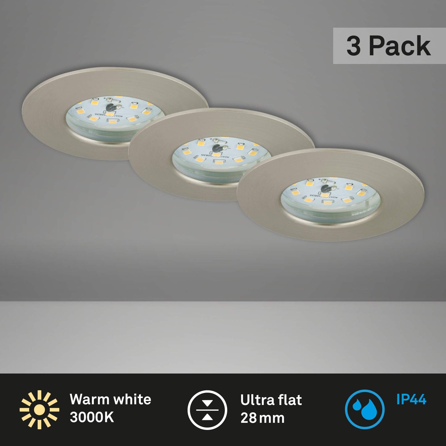 Briloner Lights 7204-032 LED Recessed Light, LED Spotlight, Ceiling Spotlight, Living Room Lamps, LED Recessed Spotlight 230V, Ceiling Recessed Lights, 5 Watts, 400 Lumens, Bathroom Suitable IP44, Energy-saving, 3-Piece Set, Round, Brushed Nickel.