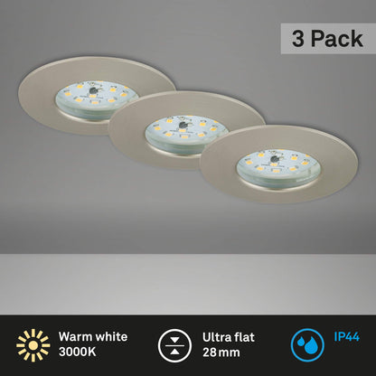 Briloner Lights 7204-032 LED Recessed Light, LED Spotlight, Ceiling Spotlight, Living Room Lamps, LED Recessed Spotlight 230V, Ceiling Recessed Lights, 5 Watts, 400 Lumens, Bathroom Suitable IP44, Energy-saving, 3-Piece Set, Round, Brushed Nickel.