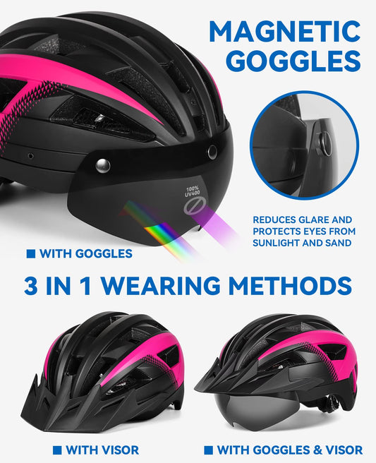 FUNWICT Bike Helmet with Visor for Men Women, Lightweight Bike Helmet with Magnetic Goggles and USB Charging LED Light, Stylish Mountain Bike Helmet (L: 57-61 cm, Black Pink)