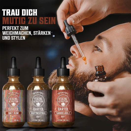 Viking Revolution - Beard Oil - Softens, Protects, and Strengthens - Made from All-Natural Bay Rum, Unscented & Sandalwood - Beard Oil for Men - Gifts for Men - Set 3 x 30 ml