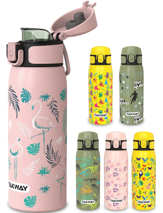 TAKWAY Stainless Steel Water Bottle Kids 550ml - Leakproof, insulated, and suitable for carbonated drinks - Bottle for school, sports (Flamingo)