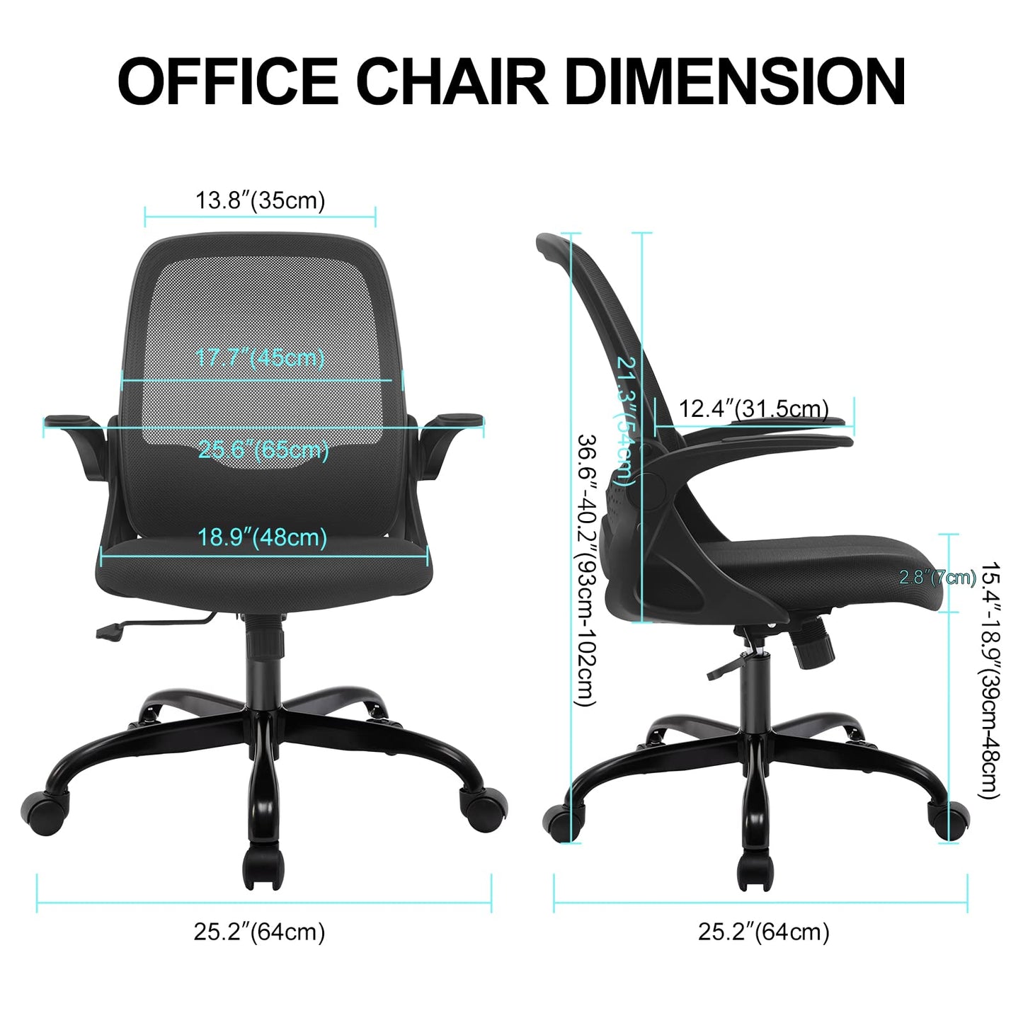 KERDOM Office Chair, Ergonomic Desk Chair with Folding Armrests, Mesh Computer Chair Work Chair Lightweight Chair, 360° Swivel Chair 933 Black