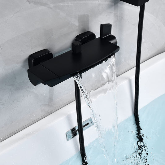 Bathtub faucet waterfall black, bathtub faucet with handheld shower, brass material tub faucet with shower bathtub wall faucet bathtub faucet black matte (black)