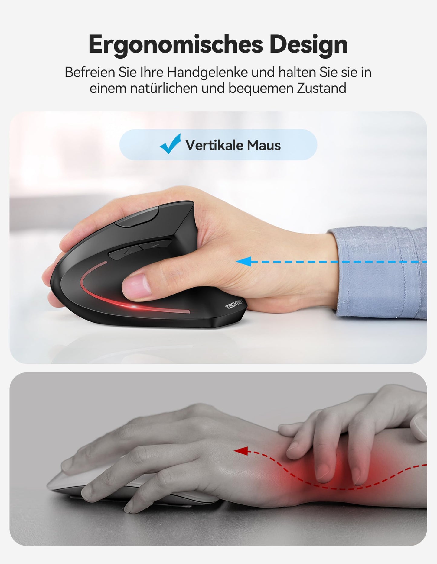 TECKNET Ergonomic Bluetooth Mouse, Rechargeable Wireless Vertical Mouse (BT 5.0/3.0 + 2.4G), 6 Adjustable Levels up to 4800 DPI, Optical Silent Wireless Mouse with USB-A Receiver, Wide Compatibility