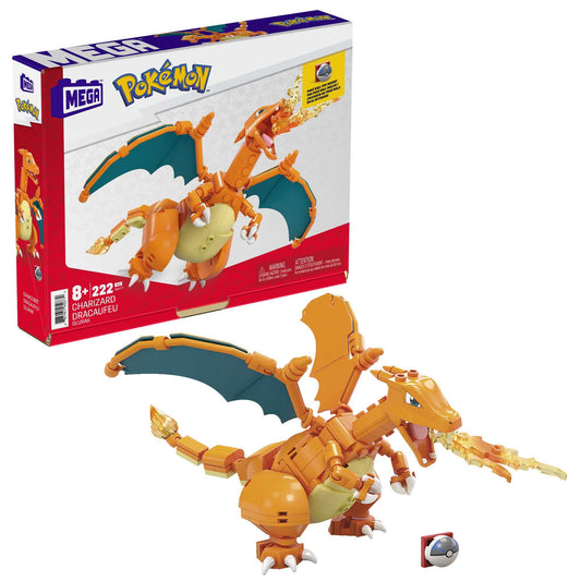 Mega Charizard Pokémon figure with 223 pieces to build, featuring movable wings and a Pokéball pen. Suitable for ages 6 and up. GWY77.