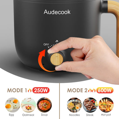 Audecook Electric Hot Pot, 1.5L Portable Mini Non-Stick Multicooker, Fast Ramen Cooker, Travel Electric Skillet with Dual Power Control for Steak/Noodles/Soup/Egg/Oatmeal