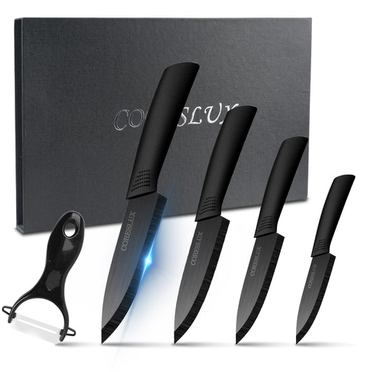 CORESLUX Ceramic Knife Set, 4 Ceramic Kitchen Knives with 1 Peeler, Non-Stick Coating, Sharp, Chef Knife, Ceramic Knife Set for Cutting Fruits Vegetables Meat (Black)